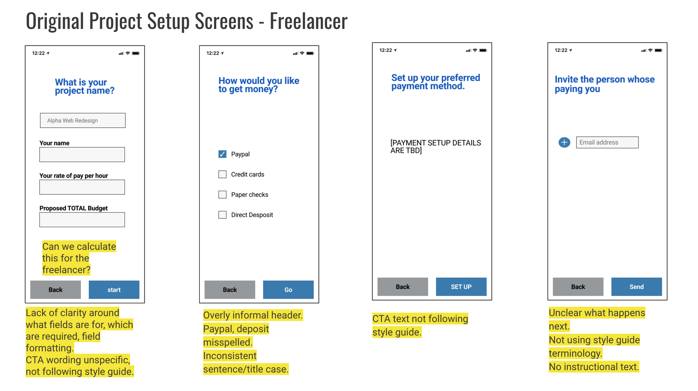 Project Setup Screen Iterations